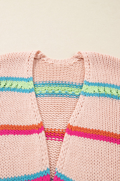 Chunky Striped Open Front Balloon Sleeve Cardigan